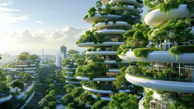 The city of the future with green gardens on the balconies