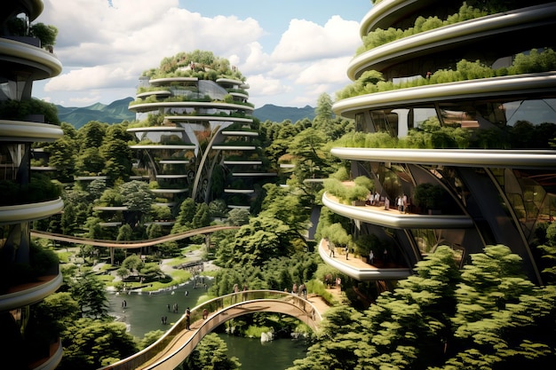 The city of the future with green gardens