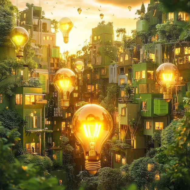 A city of glowing light bulbs in a green lush forest with sunset in the background