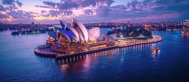 a city is lit up at night with the harbour in the background