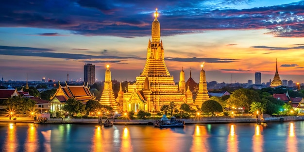 Photo a city is lit up at night with the temple in the background