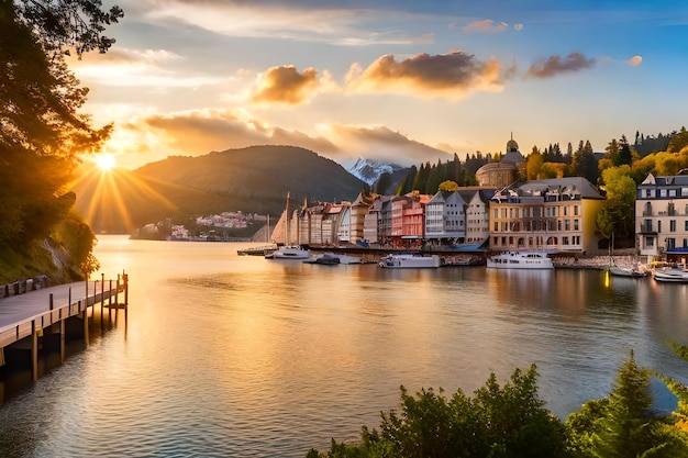 A city is located on the water in the evening.