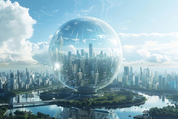 A city is reflected in a large dome