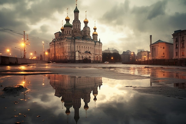 A city is reflected in a puddle of water.