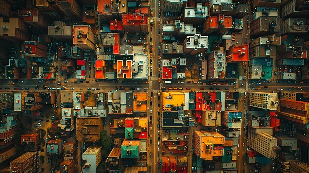 a city is shown from above and the top of the image is from a high angle