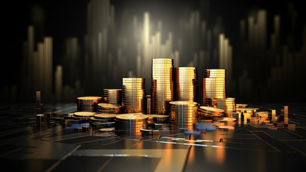 a city is shown with a lot of gold coins