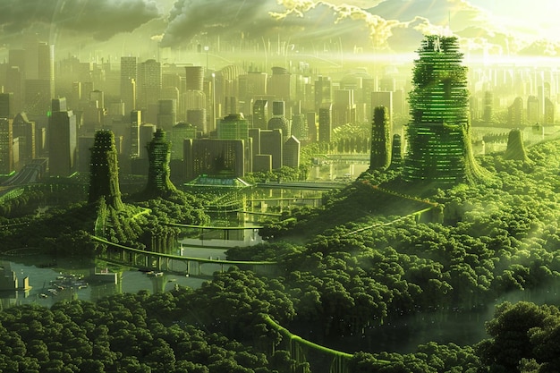 Photo a city landscape with a green city in the background