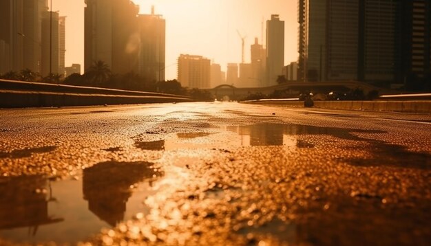 City life in motion skyscrapers reflect twilight generated by AI