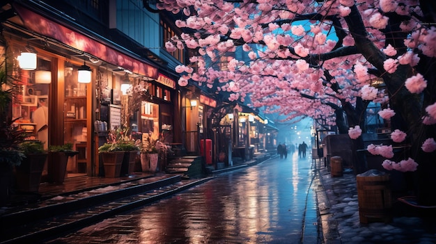 City Lights Beautiful Night in Tokyo Japan with Sakura Flowers