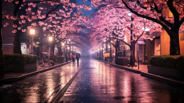 City Lights Beautiful Night in Tokyo Japan with Sakura Flowers