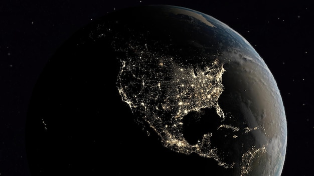 City lights illuminate North American continent at night high electricity use