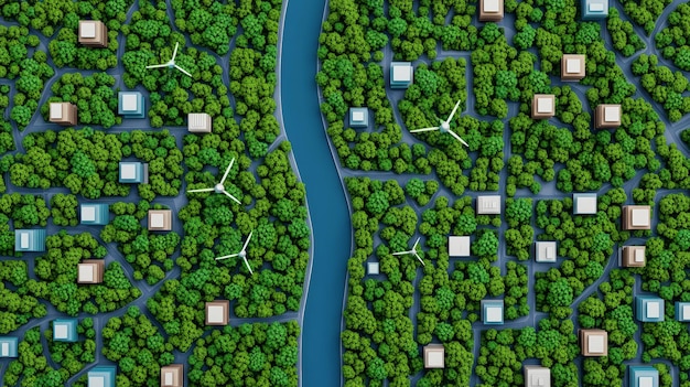 Photo city map made of greenery and renewable energy symbols representing a carbonneutral future net zero economy urban planning