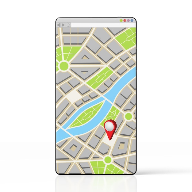 City map with location pin on a smartphone 3D illustration