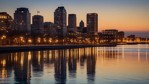 Photo city of milwaukee wisconsin at night lakefront lights reflection in lake michigan