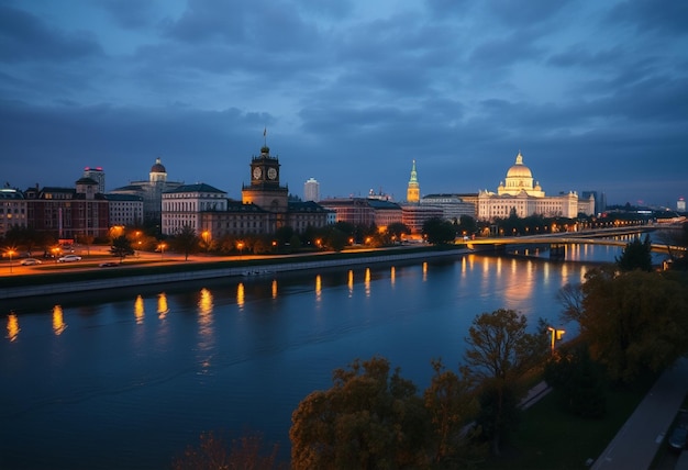 a city at night with a bridge in the background