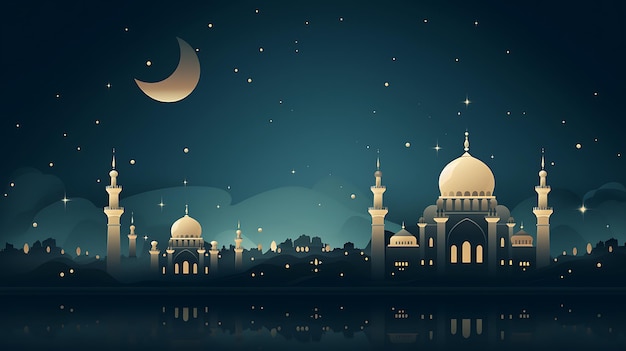 a city at night with a moon and a mosque on the water