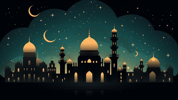 a city in the night with a mosque and a moon