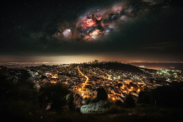 A city at night with a myriad of lights and stars in the sky