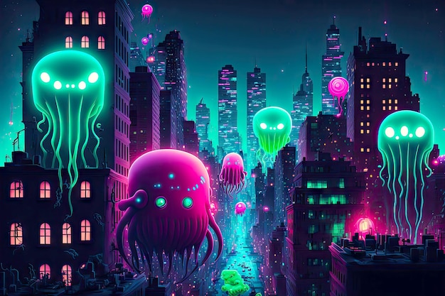 City at night with neon lights and cute bacteria are flying generative ai