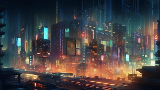 A city in the night with a neon sign that says cyberpunk.