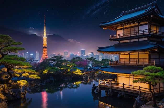 a city at night with a pagoda and a city in the background