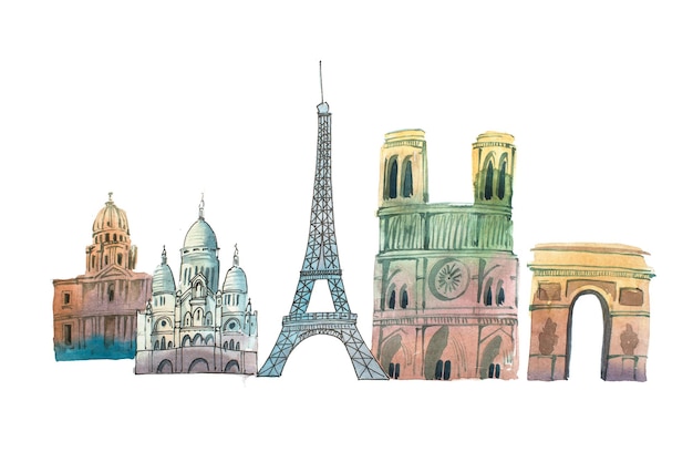 City of Paris Skyline famous landmarks travel and tourism waercolor illustration