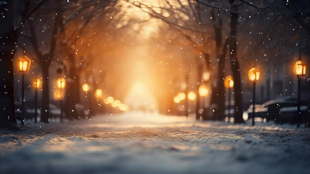 city park covered in snow and soft lights