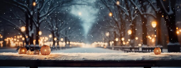 A city park with a dark wood table as snow blankets the landscape