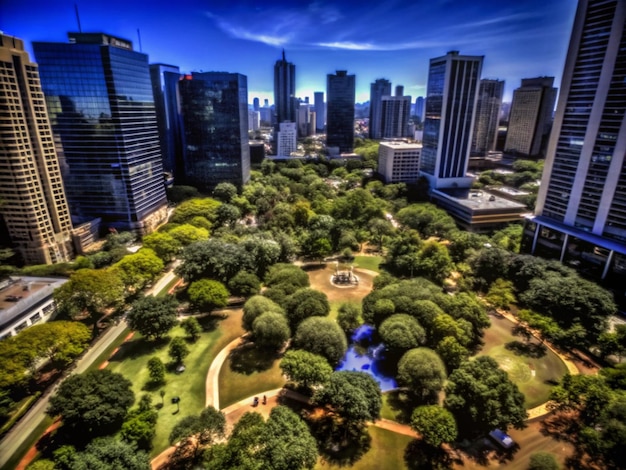 a city park with a fountain in the middle of it