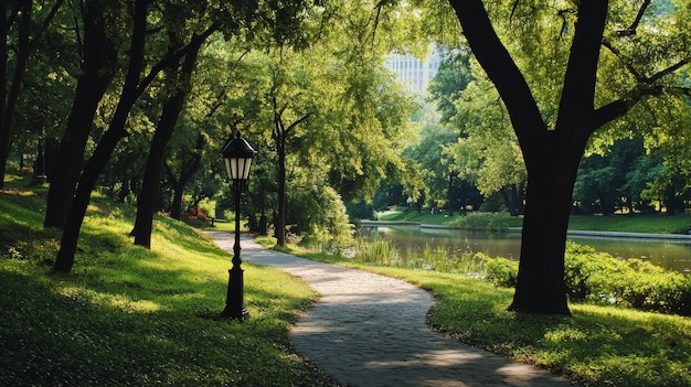 Photo city park with green trees path river and business center backdrop