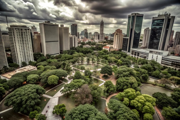 a city park with a lot of trees and a city in the background