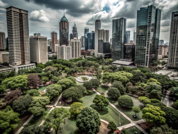 a city park with a lot of trees and a cloudy sky