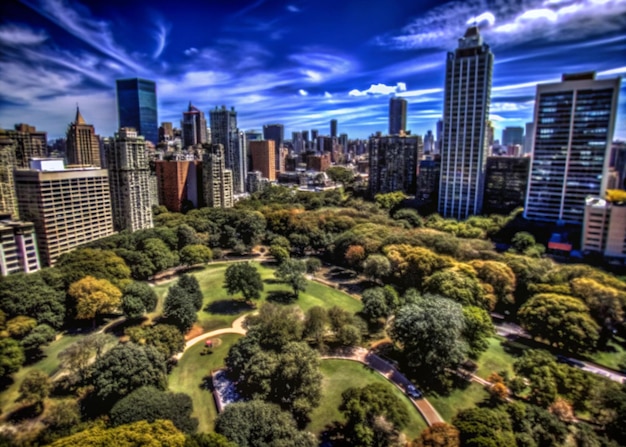 a city park with a park and a city in the background