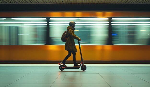 A city passenger on an electric scooter amid the dynamic traffic of a city metro station reflecting