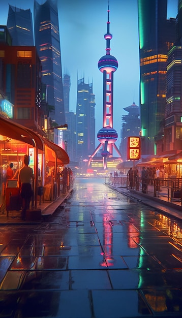 A city in the rain with a neon sign that says'city of dreams '