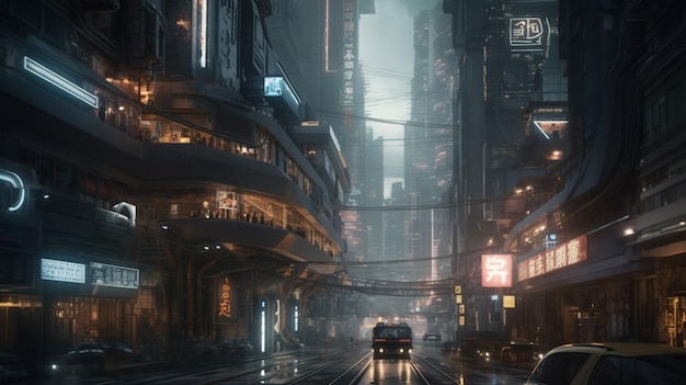 A city in the rain with a sign that says'cyberpunk '