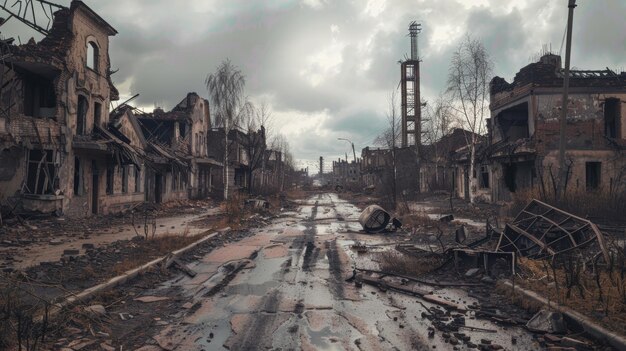 Photo city ravaged by war devastated buildings ruined roads and ashes realistic scene