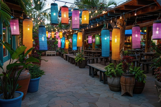 A city restaurant with vibrant lanterns decorating the ceiling