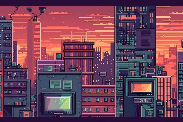 A city retrostyle pixel art background digital art illustration