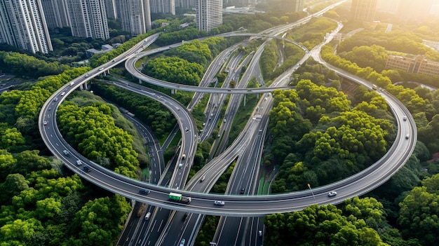 The city road winds through the city Several levels of the road Overpasses and bridges