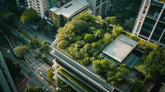 Photo city rooftop garden with lush greenery