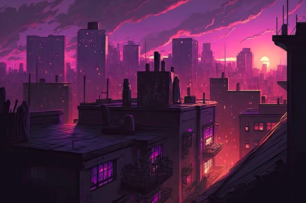 City rooftop view with glowing tall buildings in violet sky