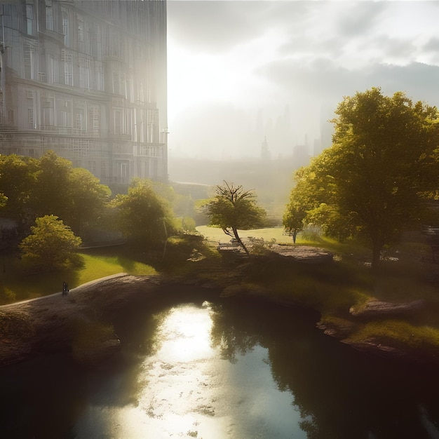 A city scene with a pond and trees and a building in the background.