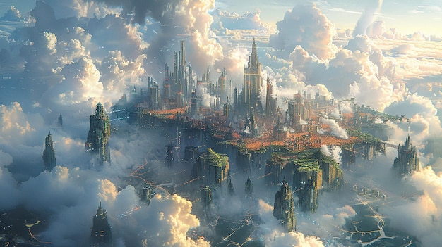 a city in the sky with clouds and a city in the middle