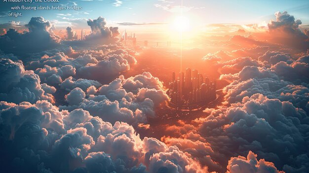 Photo a city in the sky with clouds and the sun above it