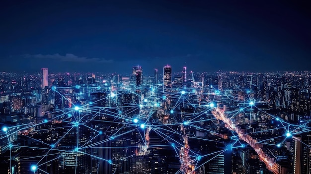 A city skyline connected by digital networks and data flow