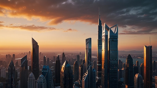 A city skyline dominated by sleek futuristic skyscrapers at dawn