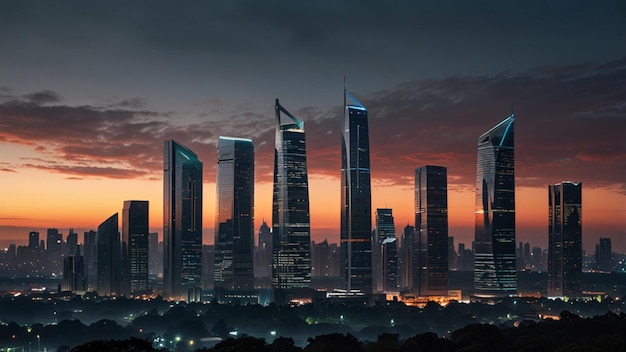 A city skyline dominated by sleek futuristic skyscrapers at dawn