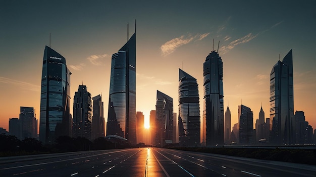 A city skyline dominated by sleek futuristic skyscrapers at dawn