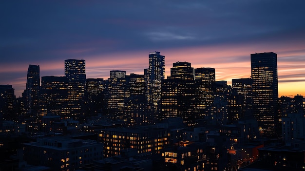 City skyline at dusk with colorful clouds